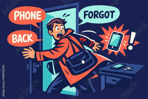 Man remembering forgotten mobile phone, urgently rushing back into his home to retrieve the essential device