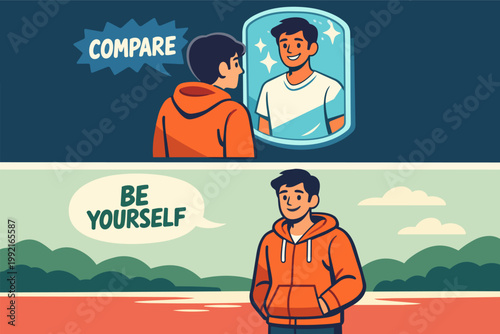 Young man finding self-acceptance, moving from comparison to embracing true identity and inner confidence