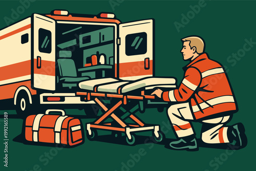 Paramedic loading stretcher into ambulance, providing emergency medical assistance and rescue services