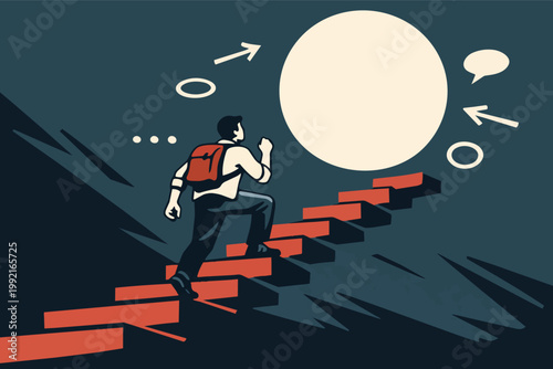 Man with backpack running up stairs towards a large bright circle, representing a future goal or achievement