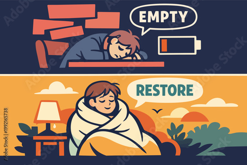 Person experiencing exhaustion and burnout with low battery icon, needing rest and recovery from stress