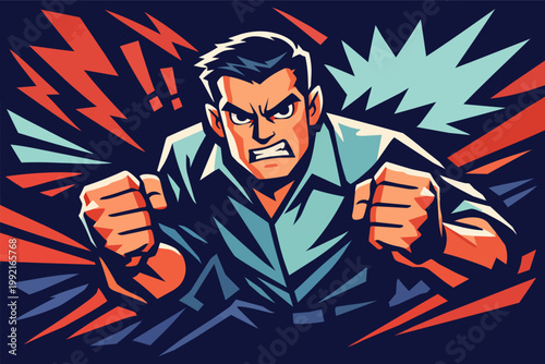 Angry man expressing strong emotions and frustration, clenching fists in a dynamic comic book pop art style
