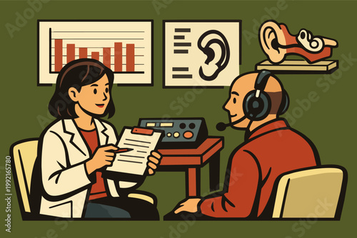 Audiologist conducting hearing test on patient wearing headphones, aiding in diagnosis of hearing loss and ear health