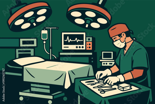 Surgeon preparing medical instruments for a surgery in an operating room, advanced healthcare technology environment