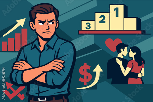 Man feeling jealous and comparing himself to others' success in career, relationships, and finance, experiencing social pressure