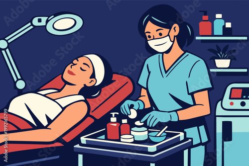 Aesthetician in medical mask and gloves preparing products for a client receiving a relaxing facial treatment