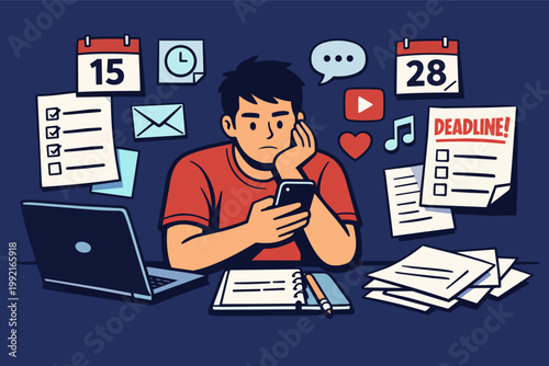 Young man sitting at his desk, ignoring a laptop and paperwork, checking his smartphone instead of working