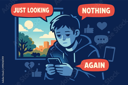 Young character feeling sad and isolated while scrolling content on smartphone, experiencing social media addiction and loneliness