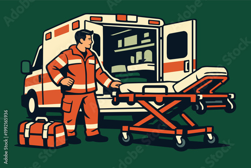 Paramedic wearing uniform operating stretcher near open ambulance with emergency medical equipment