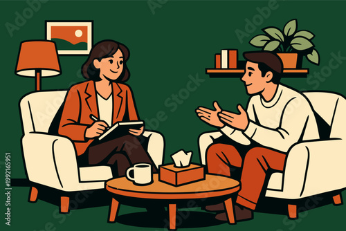 Psychologist offering counseling during mental health session with patient seeking support and wellness, discussing problems