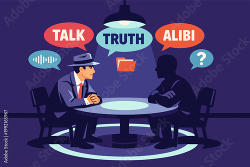 Detective with fedora questioning a mysterious figure in a stark, shadowed interrogation room, looking for truthful answers