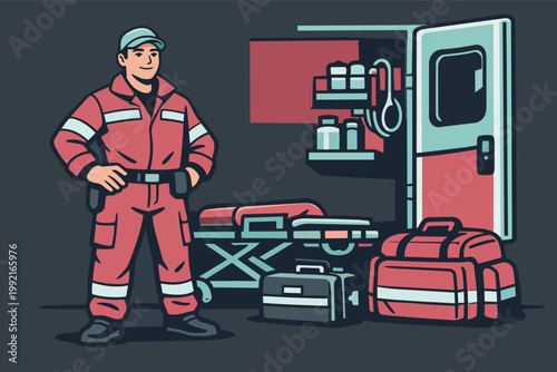 Paramedic in uniform standing by an open ambulance door, showing a stretcher, medical bag, and first aid supplies
