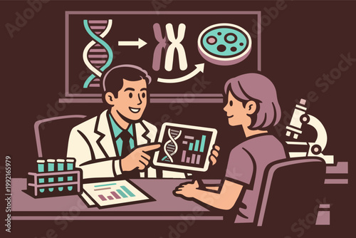Doctor in lab coat explaining dna and chromosome data to a female patient during a genetics consultation