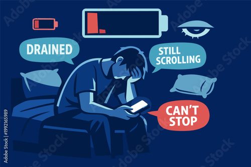Person experiencing digital fatigue and smartphone addiction, exhausted from endless scrolling on social media late at night