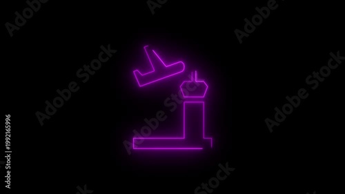 Glowing Neon Airport Control Tower with Airplane Icon Animation, Red Neon Aviation Symbol, Flight Control Concept, Futuristic Cyberpunk Style Motion Graphic, Loopable Video for Travel UI and Tech.