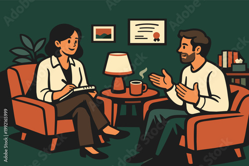 Therapist talking with client during counseling session, providing support and mental health care