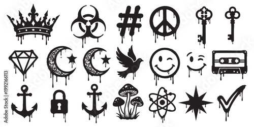 Set of vector icons featuring floral crosses and nautical symbols in black silhouette design.
