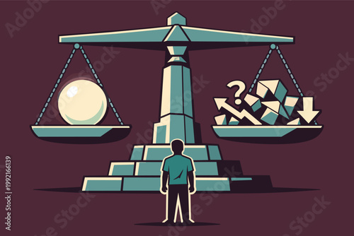 Person standing before a balance scale weighing simplicity against complexity, decision making, choice, and justice