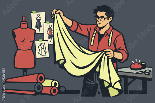 Fashion designer holding fabric, creating new garments in a workshop with sketches and mannequin