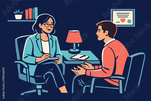 Psychologist consulting with man during a therapy session, offering mental health support and professional counseling