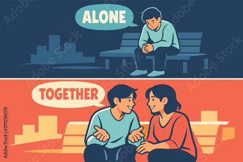 Experiencing loneliness and social connection contrasting concepts, showing a sad man alone and a happy couple talking together