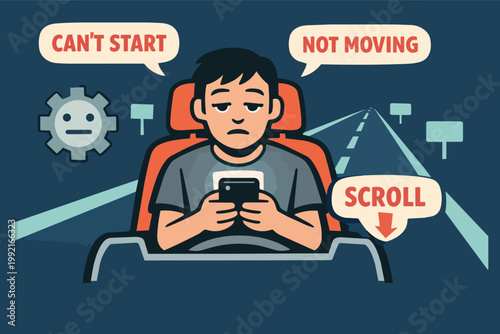 Man feeling stuck and unmotivated, scrolling cell phone while procrastinating starting a journey or task