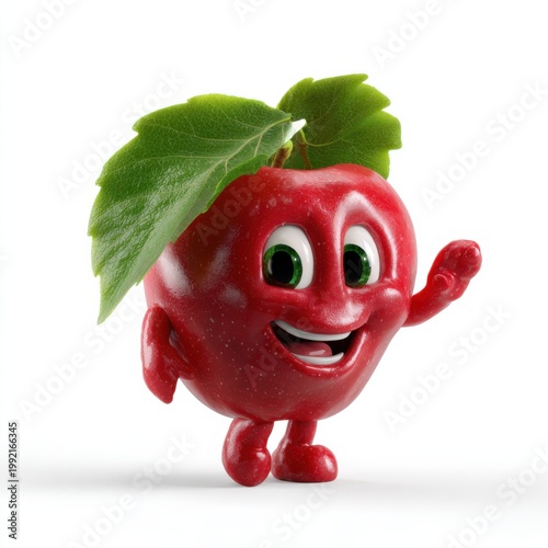 Apple character waving with leaf hat on white background
