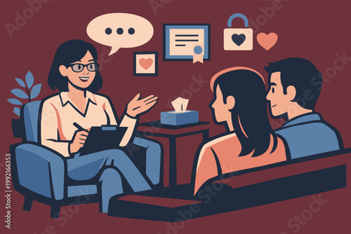 Psychologist providing counseling to a couple, aiding in communication, relationship advice, and emotional well-being