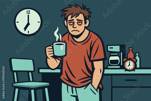 Tired man standing in kitchen early morning holding coffee cup feeling sleep deprived and exhausted