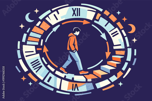 Man walking creating path inside clock circle marking routine cycle of life, time passing, and growth strategy