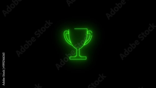 Glowing Neon Trophy Cup Icon Animation, Red Neon Winner Award Symbol, Success Achievement Concept, Futuristic Cyberpunk Style Motion Graphic, Loopable Video for UI, Gaming, Competition and Degine.