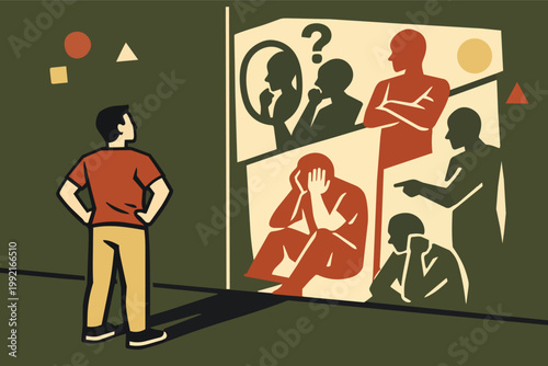 Person contemplating various aspects of their personality and inner self, facing reflections of identity and introspection