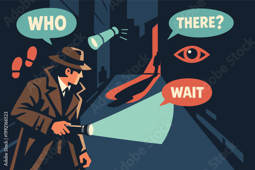 Detective investigating crime scene in dark alley with flashlight, tracking footprints and looking for clues at night