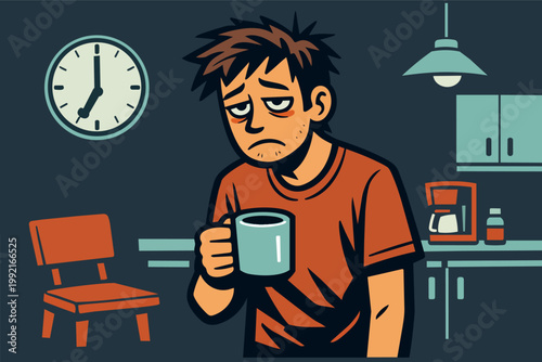 Sleepy man needing coffee for an early morning wake up, feeling tired and exhausted with insomnia