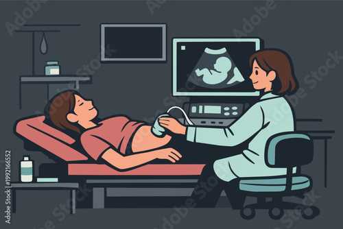 Pregnant woman receiving ultrasound scan with doctor, viewing baby fetus on monitor, maternity healthcare concept