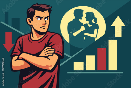 Man crossing arms with frustrated expression, comparing his life's downward trend to a happy couple's upward success