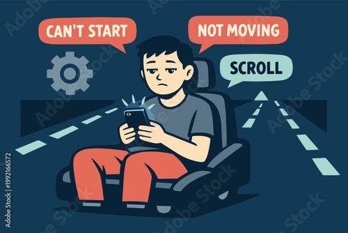 Person sitting in a car seat, scrolling a smartphone, feeling stuck and unable to start or move forward due to mobile addiction