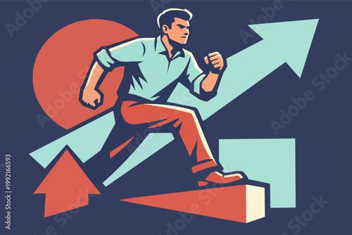 Businessman running up arrows representing growth, success, and ambition in a competitive corporate climb