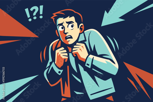 Stressed man feeling fear and anxiety, experiencing panic under pressure with arrows pointing to him