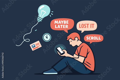 Young man procrastinating while scrolling on smartphone, losing ideas, time, and focus to social media distraction