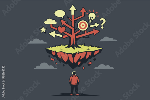 Person facing a flying decision tree with multiple paths, choices, and goals, symbolizing future direction and strategy