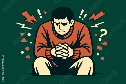 Man feeling stressed and frustrated with head down, hands clasped, surrounded by symbols of stress, questions, and pressure
