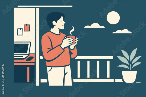 Person enjoying relaxing coffee break on a balcony at night, taking a moment to unwind after work