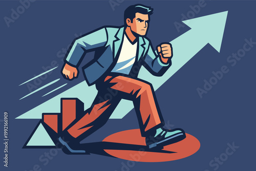 Businessman running forward on a growth arrow, representing business progress, career advancement, and goal achievement