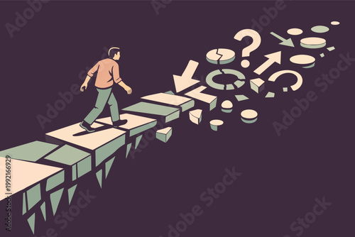 Man navigating difficult path with falling blocks and uncertain symbols, facing decisions and future challenges