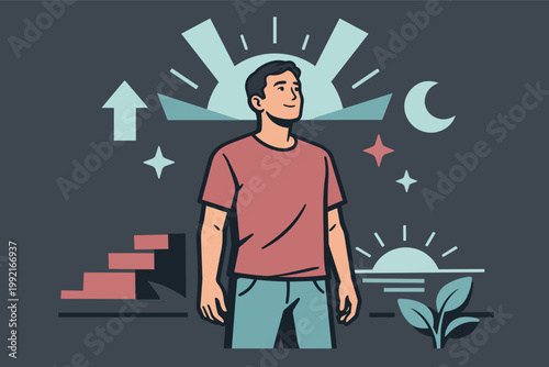 Man standing with positive mindset symbols, representing personal growth cycle, daily progress, and self achievement
