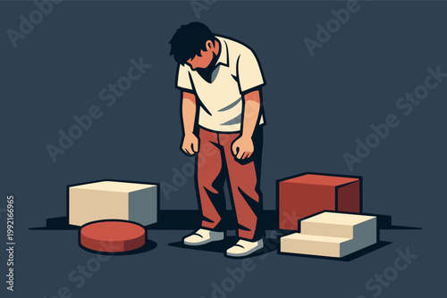 Young man feeling defeated and sad, standing among scattered building blocks symbolizing project failure and setbacks