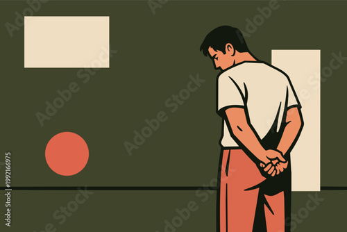 Man standing alone in art gallery, contemplating minimalist artwork, experiencing solitude and psychological distress