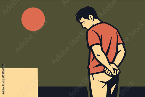 Sad man standing with head down, contemplating loneliness and distress with a setting sun, dark mood and mental health struggle