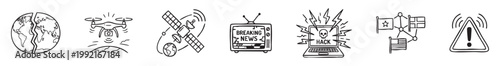 Global cyber warfare, surveillance, hacking, and misinformation icons